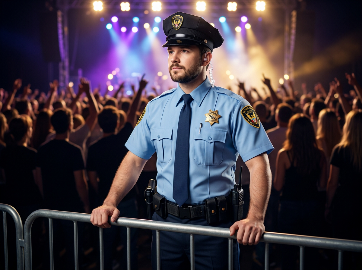 Security officers monitoring a concert crowd and entry barricades