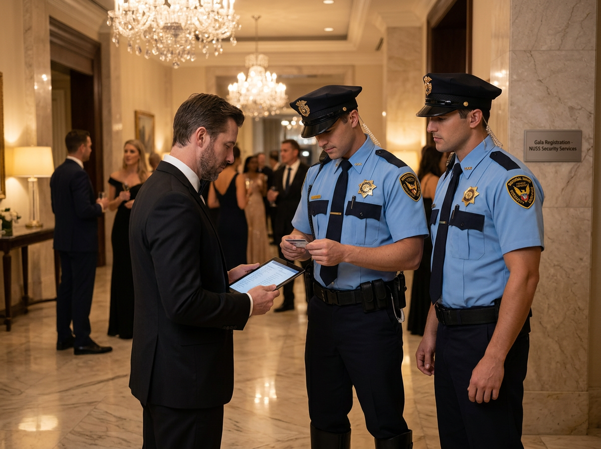 Event security officers checking credentials at a corporate gala entrance