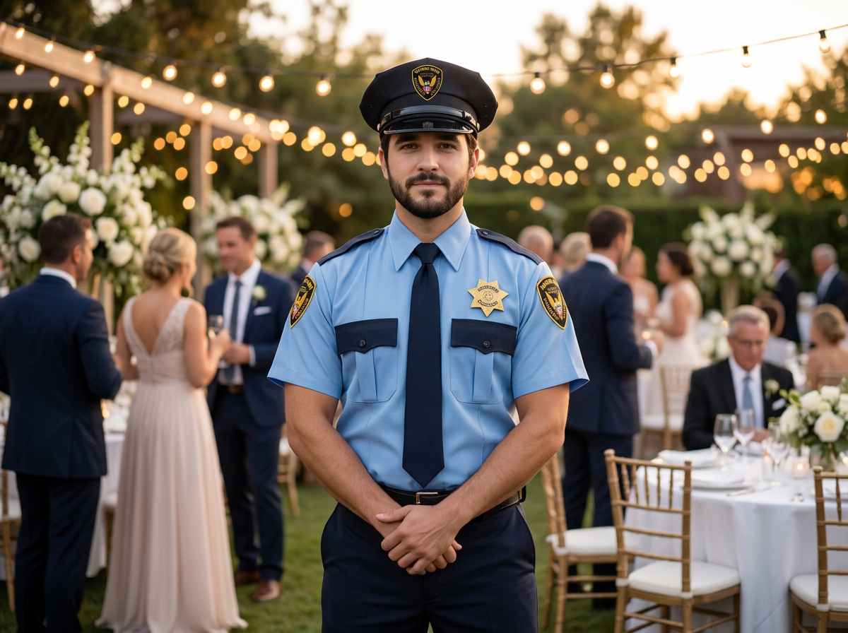 Event security officer assisting at an elegant wedding reception