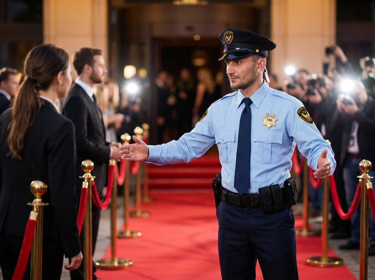 Security guard coordinating staff near a red carpet event entrance
